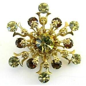 Mid Century Riveted Brooch Pin Brilliant Light Green & Amber Rhinestone Layered